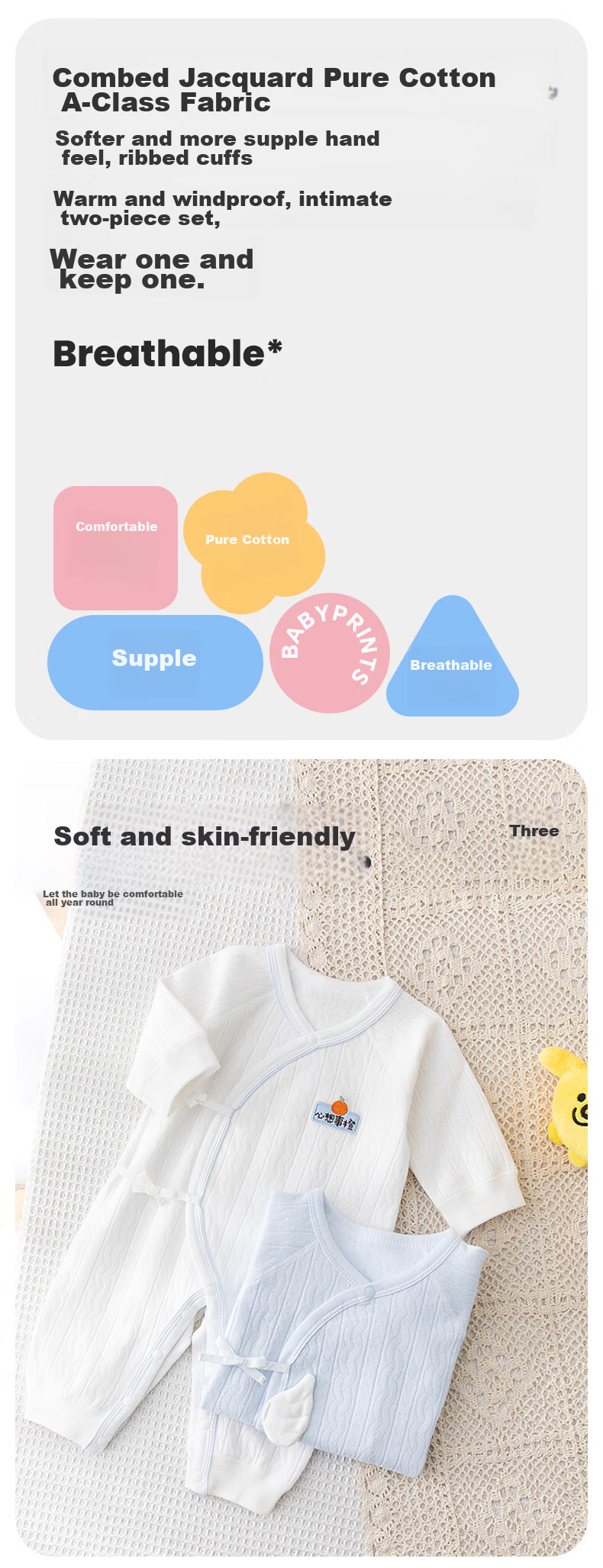 Babyprints Infant Romper 2-Pack Newborn Class A Pure Cotton Onesie for Baby Boys And Girls, Full Moon Outfit, All Seasons Bodysuit, Blue, Size 59 1