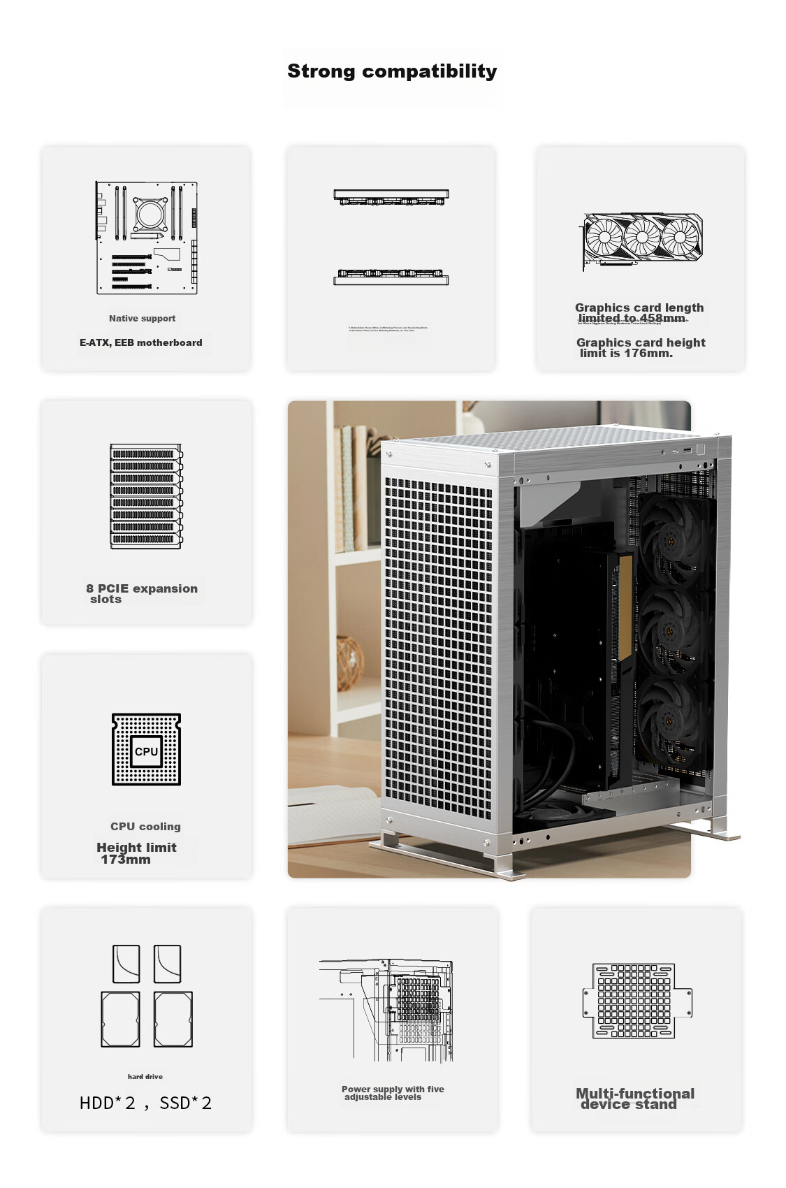 Abee PIXEL TWO All-Aluminum Computer Case, Silver with Aluminum Side Panel, Compatible with 4090 & 5090/Double 360mm Radiator Positions/E-ATX & EEB Motherboard/CNC Precision Machining 5