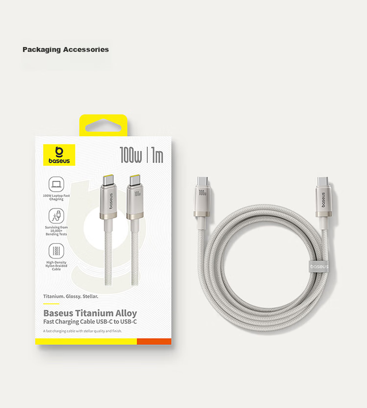 BASEUS Apple 17/16 Titanium Alloy Charging Cable, Dual-Head Type-C Data Cable, PD100W Fast Charging, Car Charger 5A, Suitable for IPhone 15/iPad/MacBook Laptops 13