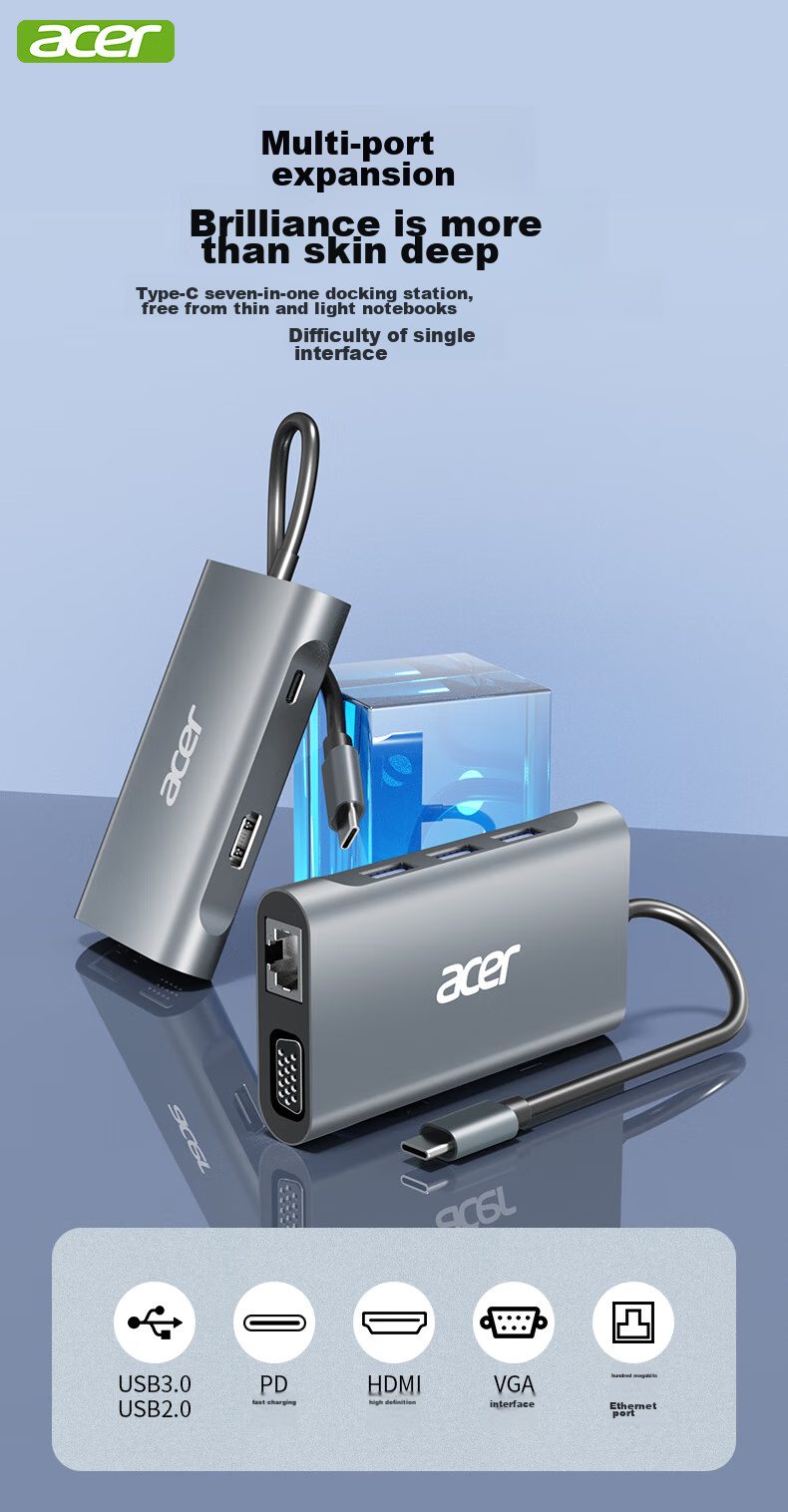 Acer Type-C 7-In Expansion Dock USB Hub HDMI/VGA/LAN Port Compatible with Laptops MacBook, Huawei Adapter Converter 1
