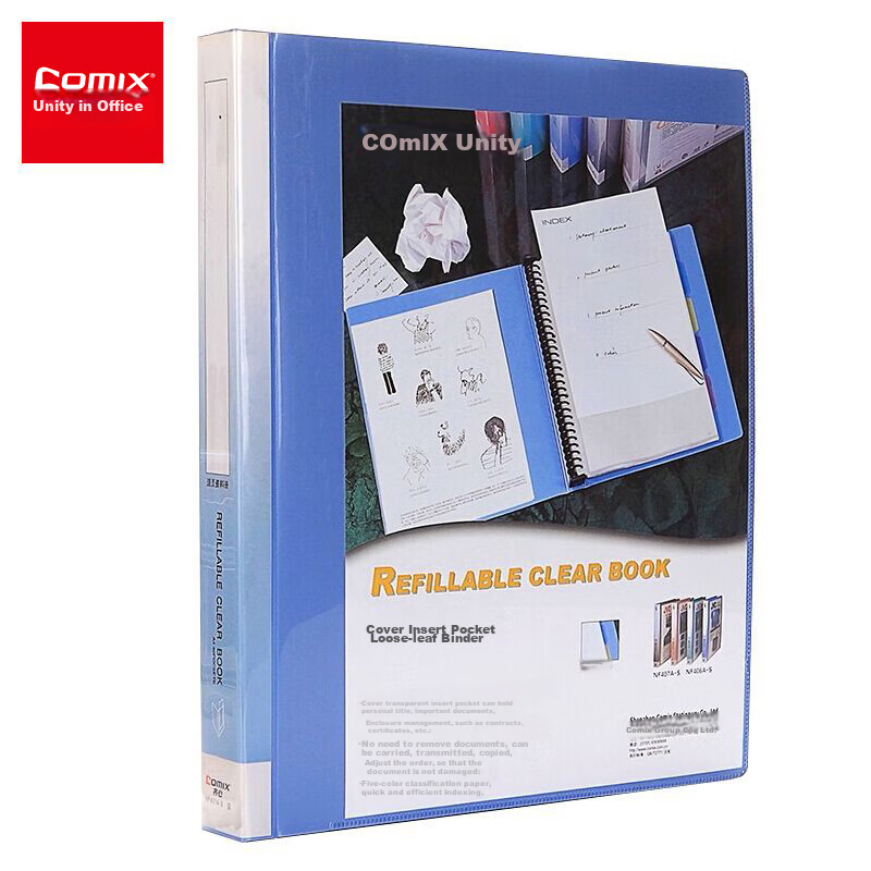 COMIX NF407A-S 40-Page A4 Loose-Leaf Binder/Document Folder, 30-Hole Plastic Binding, Blue