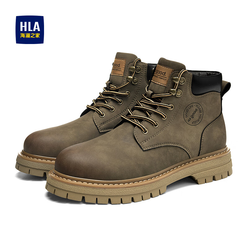HLA Men's Vintage Martin Boots Outdoor Cotton Work Yellow Boots T121 Khaki (Fleece Lined) Size 42