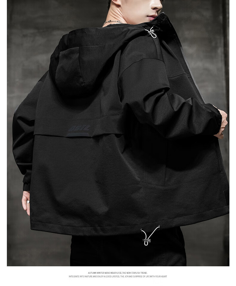 PLAYBOY Men's Jacket Outdoor Coat Casual Hooded Workwear Trendy Black - 3XL 11