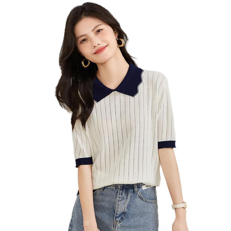 Taxiang Women's Short-Sleeve T-Shirt, Doll Collar, Lightweight Knit Top, Summer Wear, Ladies' T-Shirt, Contrasting Color Top, T144T1629