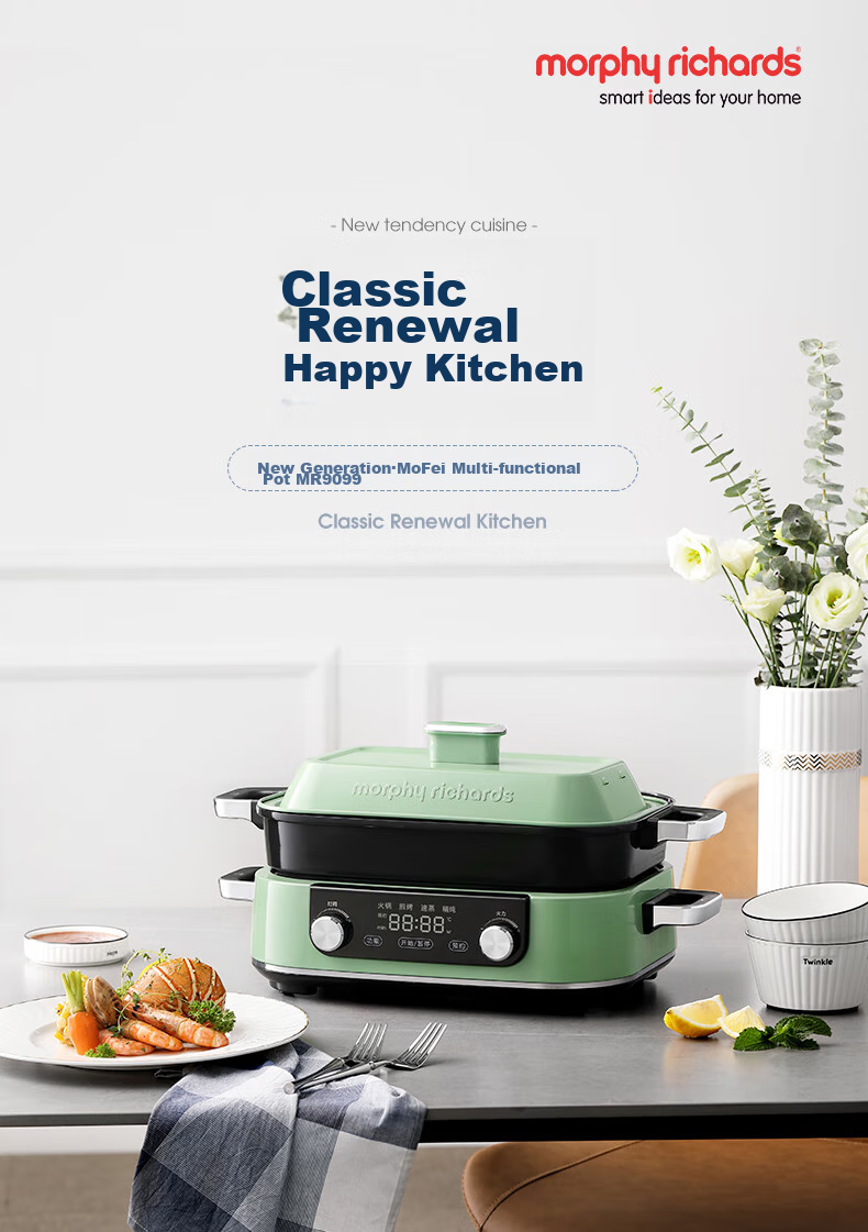 Morphyrichards Upgraded Second-Generation Multifunctional Cooking Pot, Detachable Electric Wok with Timer And Touch Screen, Electric Hot Pot MR9099 Green, One's Member 1