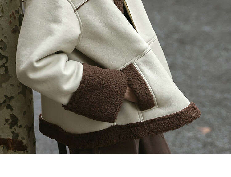 Demana Motorcycle Style Faux Shearling Winter PU Leather Patchwork Personalized Coffee Green Jacket Women Light Pea Green S 14