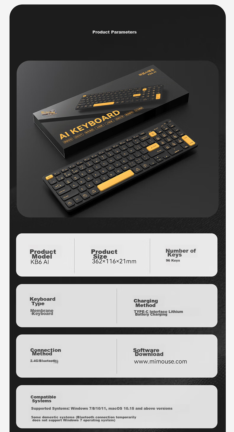 Mimouse KB6AI Smart Keyboard AI Writing PPT Drawing Video Conference Voice Typing Translation Wireless Bluetooth Office Keyboard Black 17