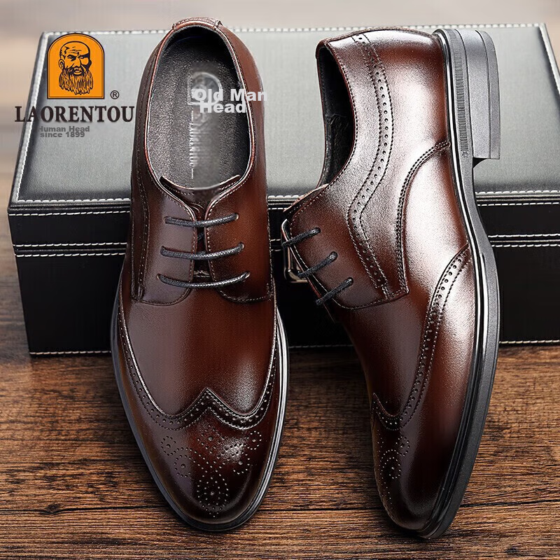 LAORENTOU Men's Leather Shoes, Spring And Autumn Brogue Carved Leather Shoes, British Style Breathable Formal Wedding Shoes, A50237, Brown, Size 43