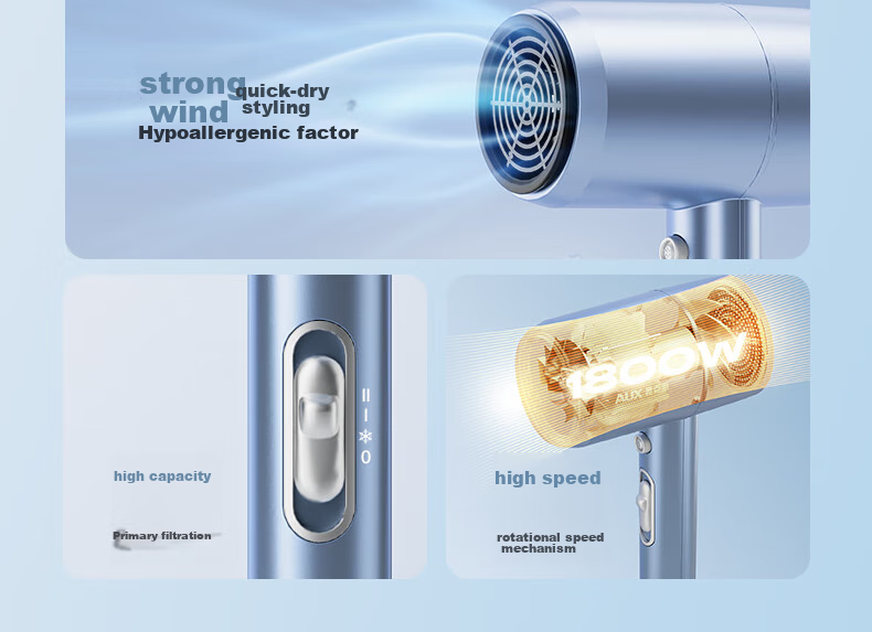 AUX Hair Dryer for Home Use, 1800W High Power, Strong Airflow, Quick-Drying, Hot And Cold Air Adjustable, Negative Ion Hair Protection, Constant Temperature, Gentle on Hair, Quiet Electric Hair Dryer, Blue Color 5