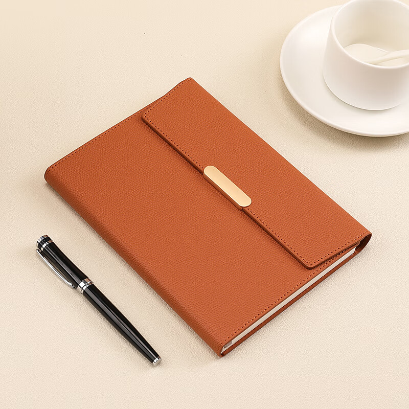 Zhongjianwenju A5 Notebook with Three-Fold Clasp, Business Office Quality Leather Cover, Meeting Journal Diary, Customizable Office Stationery, A5 Brown 61-25 Simple