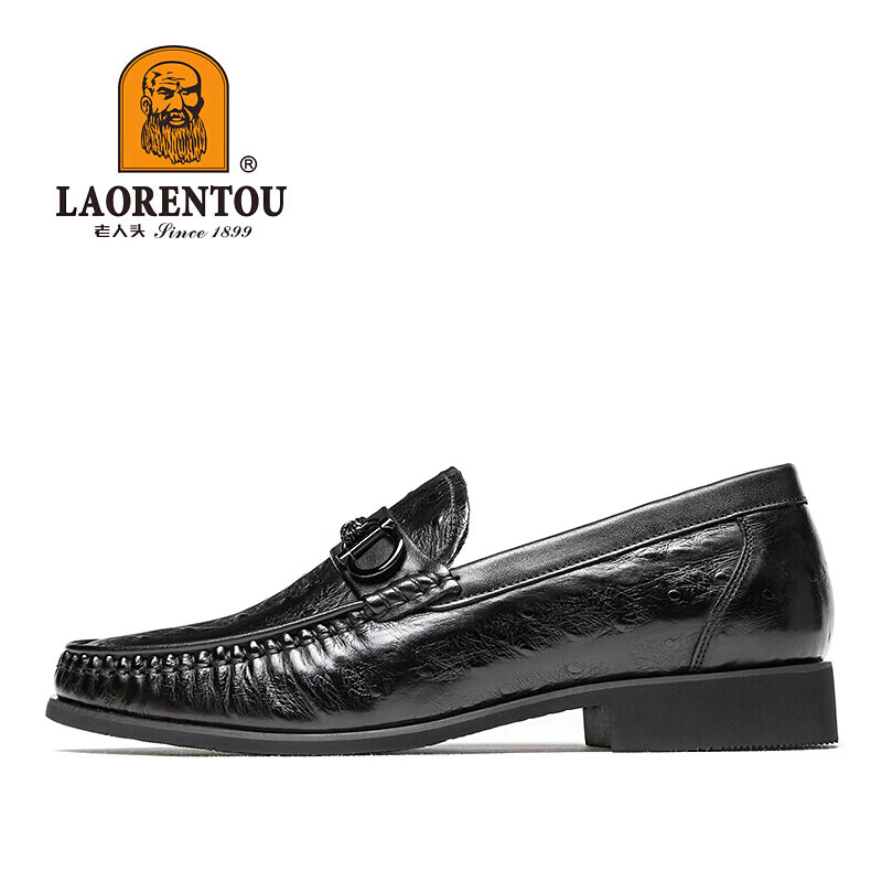 LAORENTOU Men's Leather Shoes, Top-Grain Cowhide Business Casual Shoes, Ostrich Pattern Slip-On Shoes, Dad Shoes, 520502519, Black, Size 40