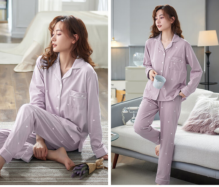 Mianjiyin Women's Pajamas, Spring And Autumn Season, 100% Pure Cotton, Lapel Cardigan, Printed All-Cotton Long-Sleeve, Wearable Outside, Home Loungewear Set 14