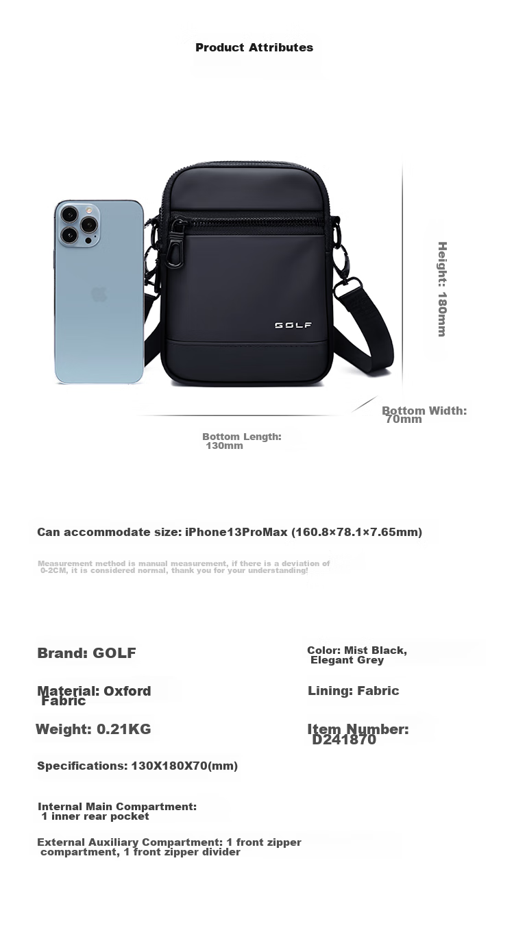 GOLF Shoulder Bag for Men, Casual Large Capacity Crossbody Bag, Multi-Compartment Phone Bag, Water-Resistant Trendy Portable Sports Hanging Bag, Versatile Fashionable Small Backpack 5I796325J Misty Black 13