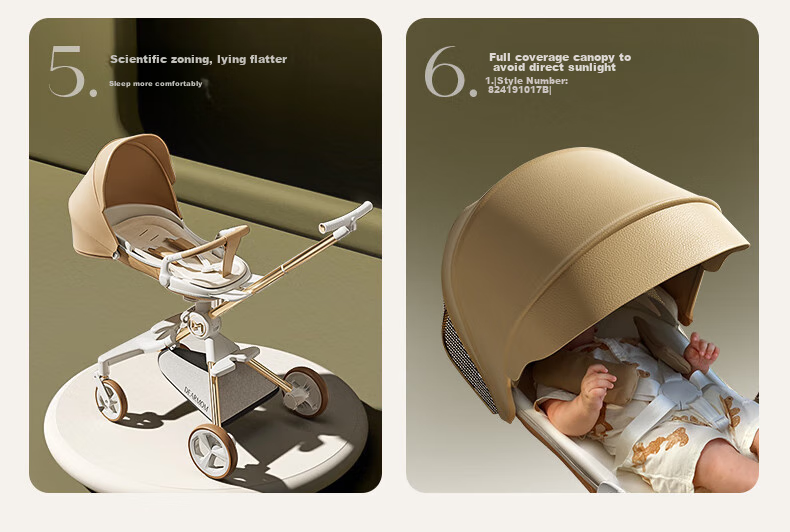 Dear Mom, Stroller, Large White Car, High Landscape Baby Stroller, Lightweight, Reversible, Can Sit Or Lie Down, Strolling Trolley for Babies, Gree 8