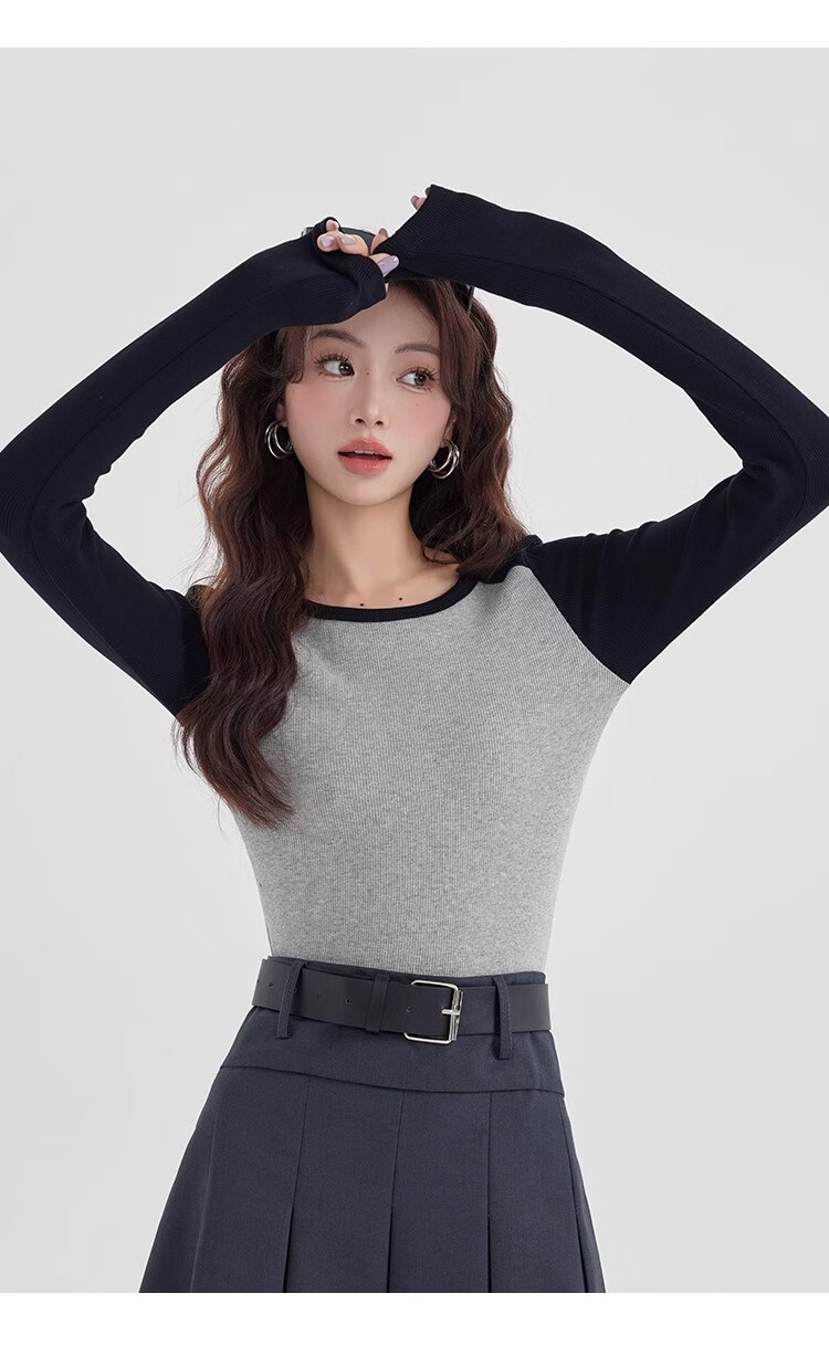 NOME Color Block Spliced Long Sleeve T-Shirt for Women, Autumn New Style Design Inner Layer Raglan Sleeve Top, Gray, L 17