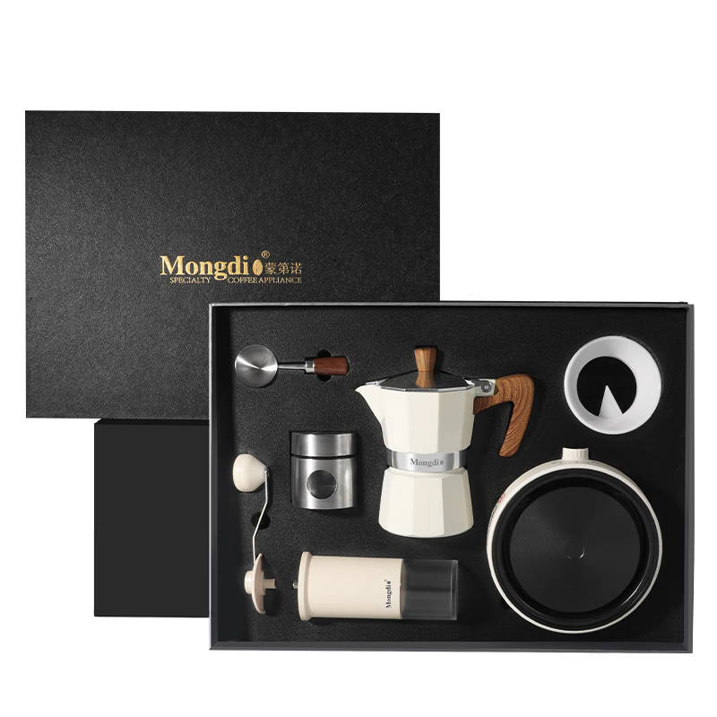 Mongdio Coffee Maker Set with Grinder, Coffee Filter Papers, Electric Kettle, Coffee Grinder, Sealed Container, Measuring Spoon, 7-Piece Gift Box Set