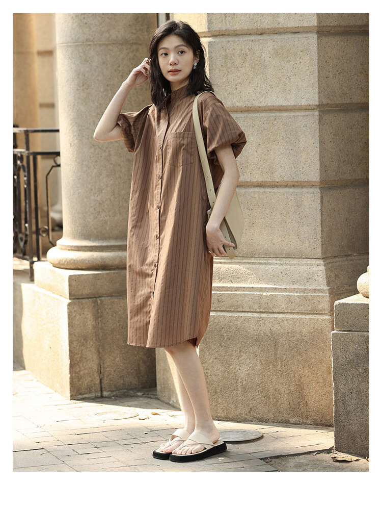 Dme Stand-Collar Striped Commuter Shirt Dress, Summer Puff Sleeve Striped Fabric Short-Sleeve Dress, Coffee Color, M 1