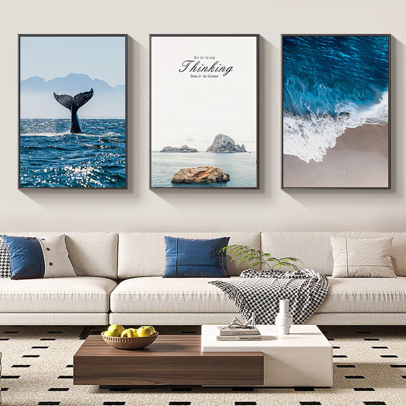 Haojiubujian Living Room Decorative Painting, Modern Minimalist Sofa Background Wall Hanging, Large Sea Landscape Triptych Mural