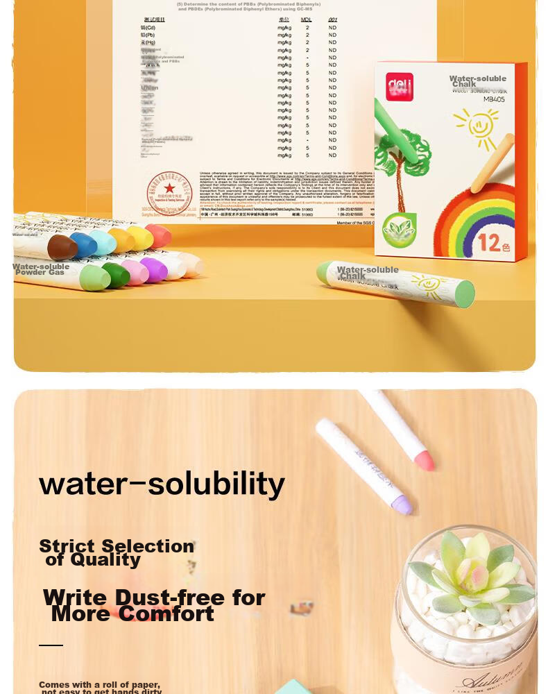 Deli Colored Water-Soluble Chalk, Washable, Dust-Free, Safe for Children's Drawing Board, Blackboard, Specialized for Bulletin Boards, Vibrant Colors, for Teachers, Kindergarten, Home Use, Teaching, Doodling And Drawing, 12 Pieces/box 4
