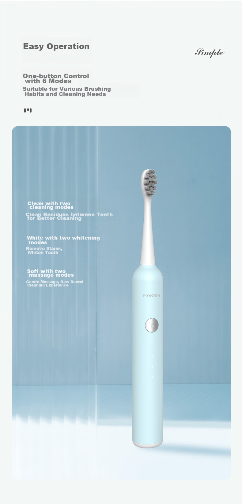 Skyworth Sonic Electric Toothbrush for Adults, Rechargeable Smart Couple Automatic Toothbrush for Men Women Students, Valentine's Day Gift Box Set with Long Battery Life, Single Pack P16 Blue Model 8