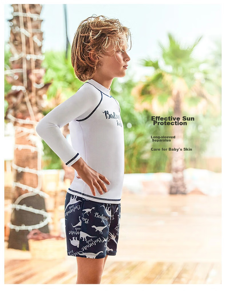 BALNEAIRE Little Dinosaur Series Two-Piece Swimsuit for Boys, Small Stand-Up Collar Design, Fashionable Skin-Friendly Children's Swimwear for Beach, Size 100 3