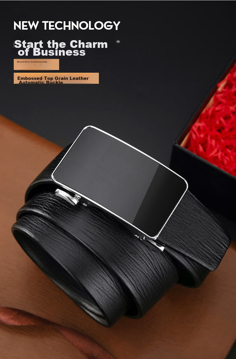 Cattlesboss Men's Belt, Business Automatic Buckle Leather Belt, Top-Grain Cowhide Waistband 7210 Gift for Dad, Black, 110cm 2
