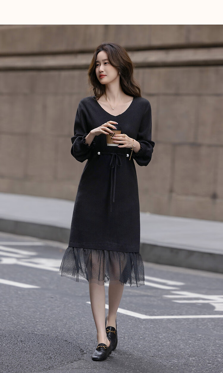 Dme [Retro Sweet Lady] Spring And Autumn Gentle Style Faux Two-Piece Pearl Drawstring Mesh A-Line Dress 12