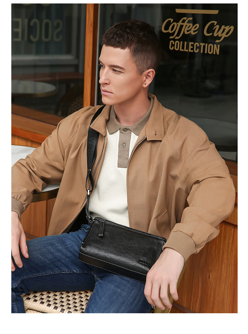 ELLE HOMME Men's Crossbody Bag, Fashionable Genuine Leather Shoulder Bag, Casual Large-Capacity Small Satchel Cowhide Men's Bag 206730 Black Birthday Gift for Boyfriend 3