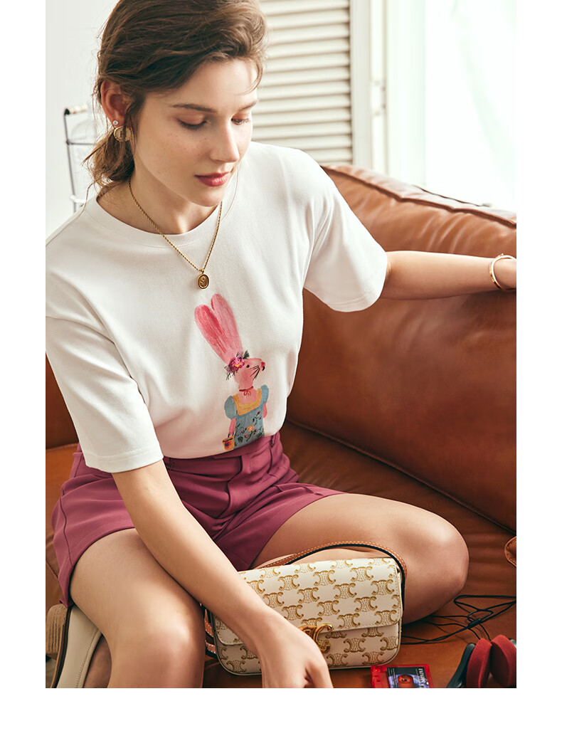 Olrain Fun Printed Short-Sleeve T-Shirt, Summer Women's Loose-Fit Beaded Top, Cotton-Like Breathable, Off-White, Size S 16