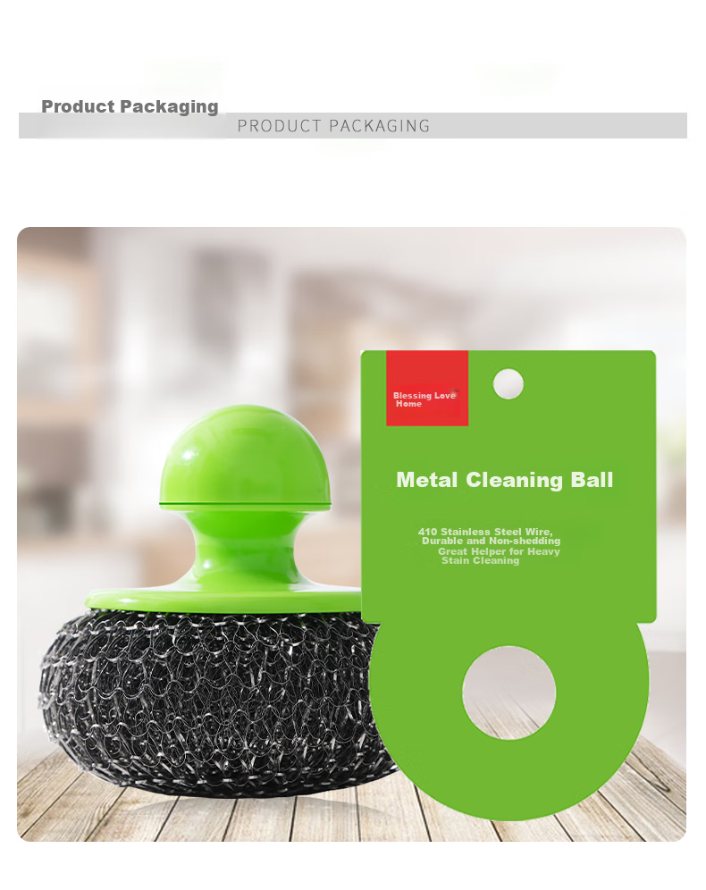 Fuaijia Long Handle Pot Scrubber, Steel Wool Cleaning Ball, Replaceable Steel Wire Ball, Pot Washing Brush Tool, 1 Handle with 6 Brush Heads 10