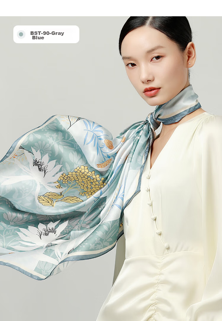 Sijie [Boutique Exclusive] Heavyweight Pure Silk Scarf, 100% Mulberry Silk Large Square Scarf with Print Shawl, Mid-Autumn Festival Gift 12
