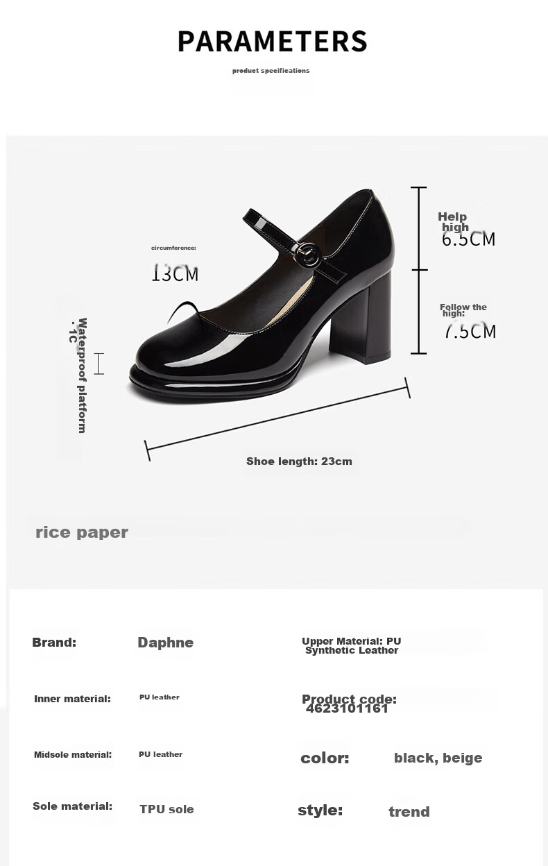 DAPHNE French Chunky Heel Mary Jane Women's Shoes, Square Toe Elegant High Heel Ankle Strap Pumps 4623101161 Black 38 5