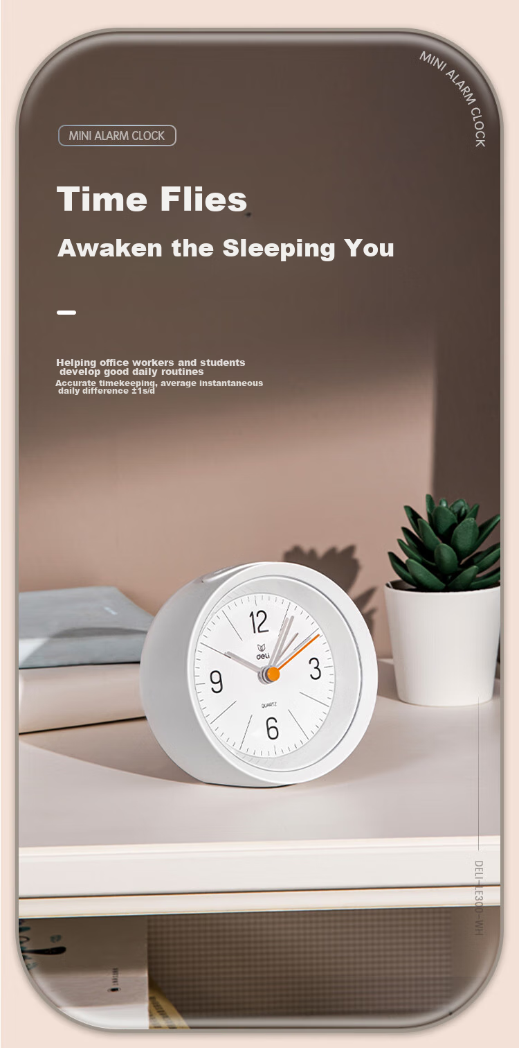 Deli Simple Buzzer Gradual Alarm Clock, Low Noise Student Alarm with Soft Lighting, Family And Office Alarm Clock, White LE300-WH Back-To Gift 2