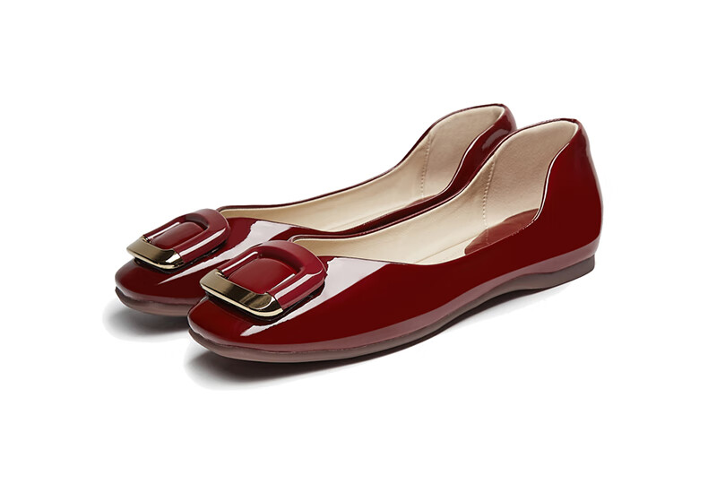 DAPHNE French Shallow Women's Flat Shoes, Red Elegant Loafers with Square Buckle, Style 4623101054, Red, Size 35 25