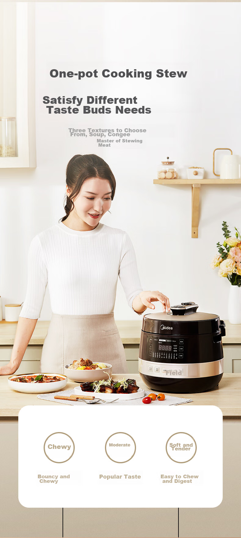 Midea Electric Pressure Cooker High-Pressure Pot One-Touch Exhaust Household Rice Cooker Smart Large Capacity Double Inner Pot Multifunctional Scheduled Timer Removable Lid MY-C5841G 8