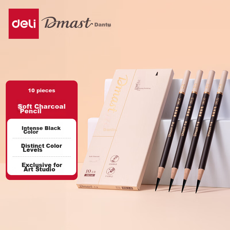 Deli Soft Charcoal Pencils - Professional Drawing Sketching Coloring Soft Style Pencils RK1-6, 10 Pieces Per Box, Graduation Gift for Girls Children Boys