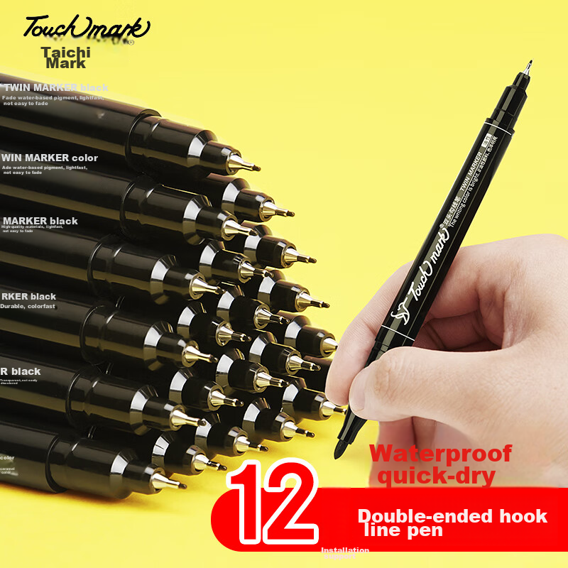 Touch Mark [Super Popular] Dual-Tip Permanent Marker Pen, Black, Waterproof, Quick-Drying, for Children's Drawing And Student Art, 12 Pcs