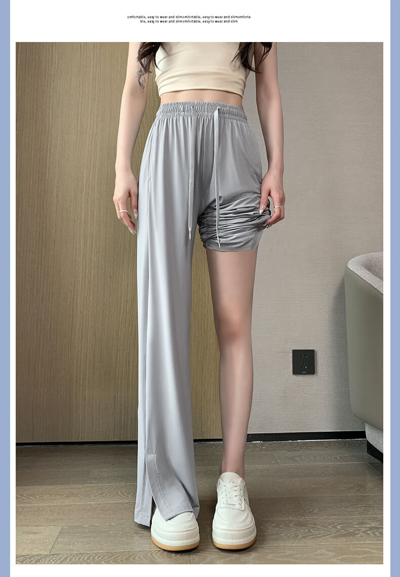 LangSha Ice Silk Wide-Leg Pants for Women, Summer Lightweight High-Waist Draping Loose Casual Straight-Leg Slimming Side-Slit Sports Sun Protection Women's Trousers 19