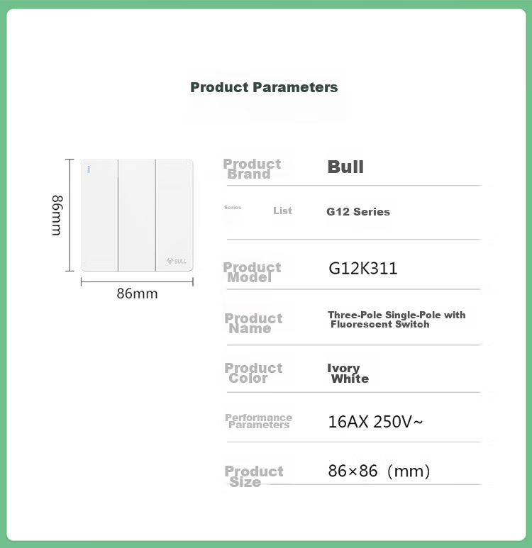BULL Switch Socket G12 Series Three-Gang Single-Control Switch, 86-Type Large Panel Switch G12K311, Ivory White 19