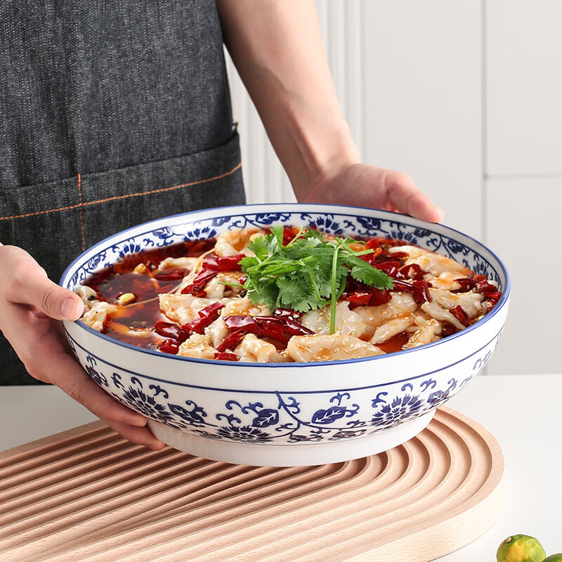 Chuanqi Blue And White Porcelain Large Bowl, 10-Inch Ceramic Bowl for Home Use, Sauerkraut Fish Noodle Bowl, Noodle Mixing Bowl, Ceramic Bowl