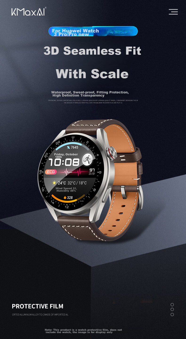 KMaxAI Screen Protector for Huawei Watch 3 Pro/Pro New, Full-Screen HD Watch Protective Film, Watch Face Anti-Scratch Anti-Fingerprint Composite Film, 3D Soft Film with No Edge Chips 1