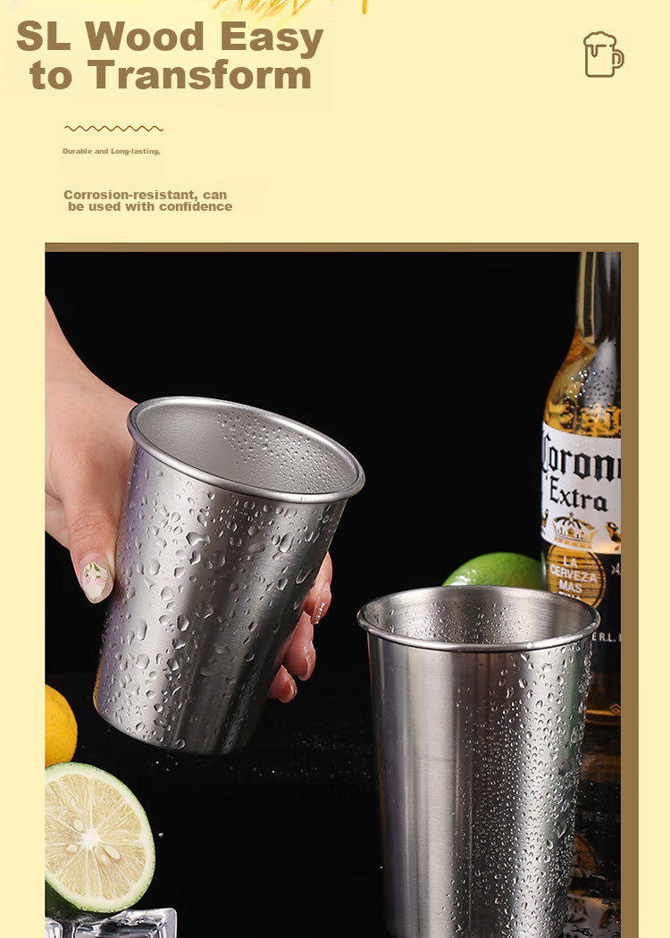 BJ 304 Stainless Steel Beer Mug Cold Drink Juice Cup Coffee Mug Shatterproof Home Beer Water Cup 350ML Single Pack 7