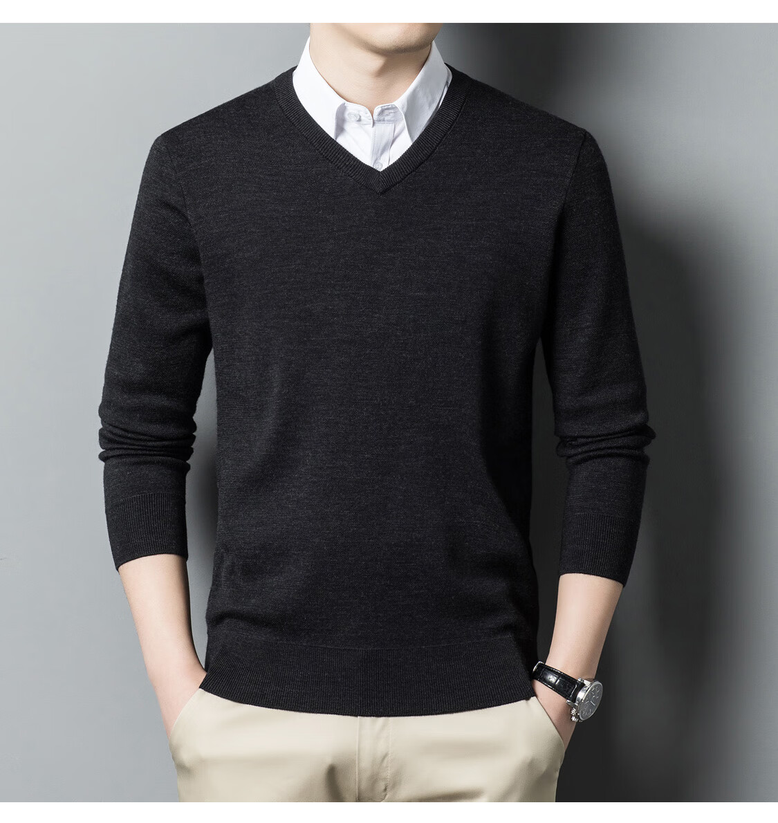 Hengyuanxiang Men's Wool Sweater Autumn Winter Thickened V-Neck Machine Washable Fine Spun Knitwear Medium Gray 175 11