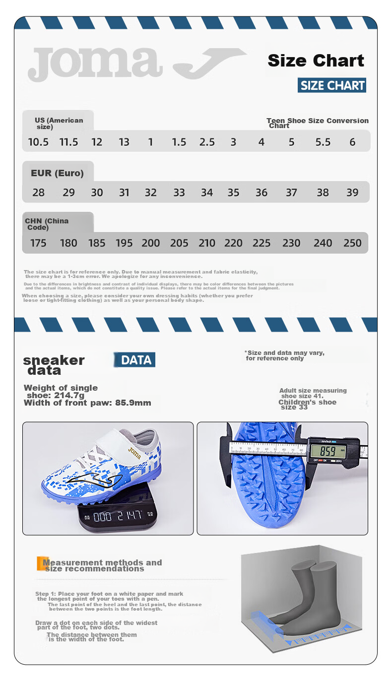 JOMA Soccer Shoes for Children, TF Turf Cleats, Boys And Girls Youth Elementary School Students, Retro Classic Football Training Shoes, Light Blue, Size 34 16