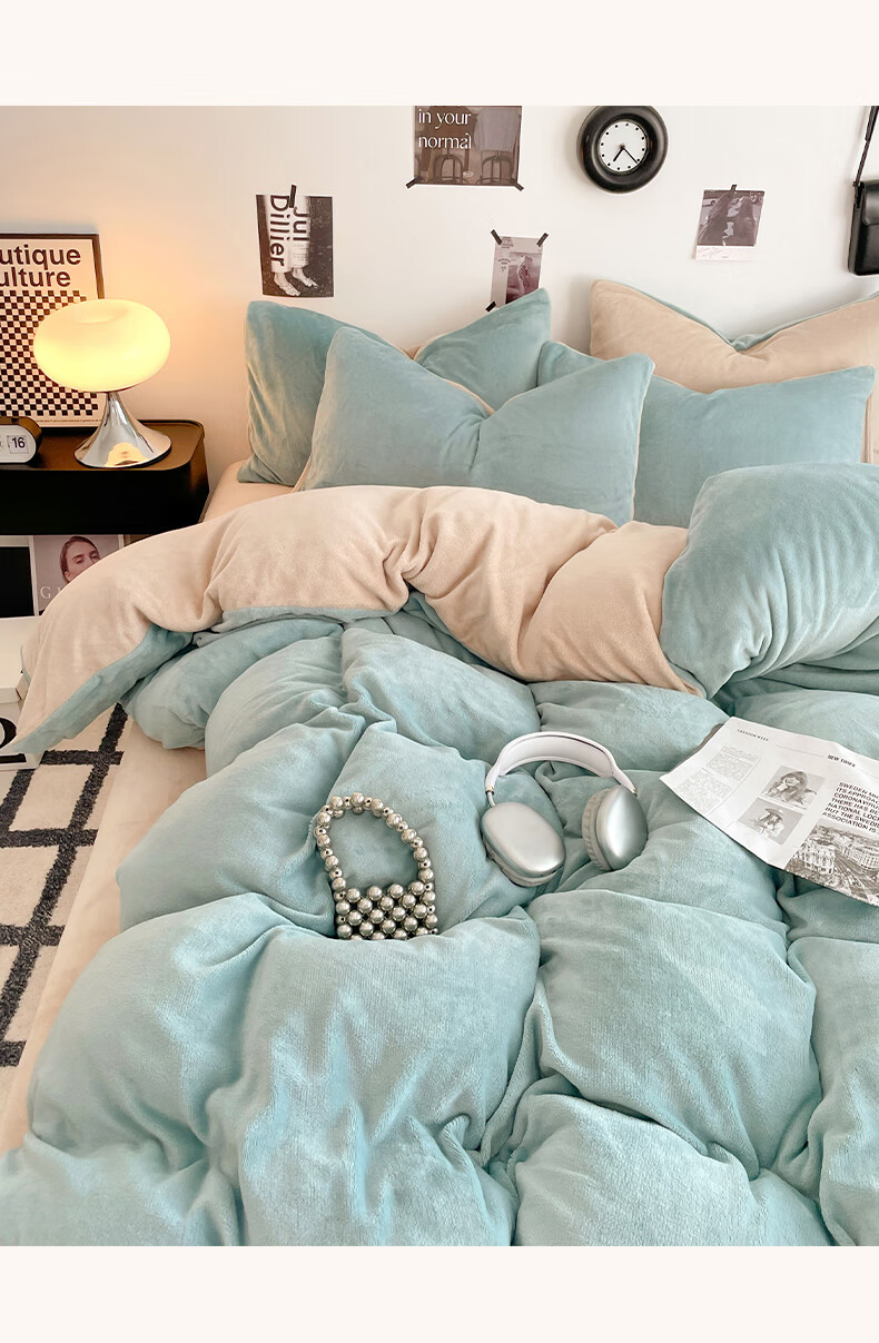 Grace Milk Velvet Duvet Cover Single Piece, Double Fleece-Lined Duvet Cover, Tranquil Blue + Champagne, 200*230cm 4