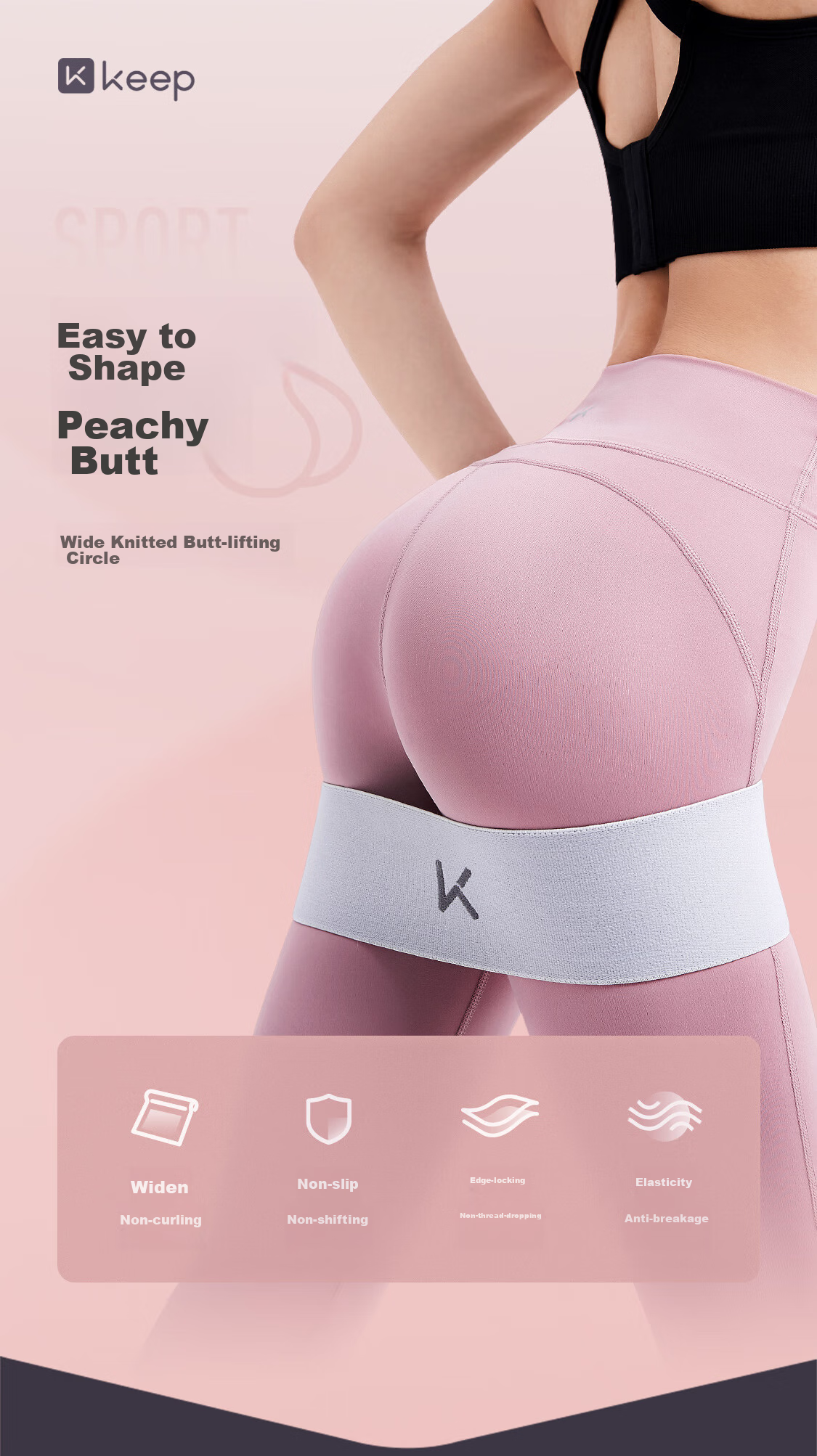 Keep Knitted Butt-Lifting Resistance Band Ring, High-End Glute Exercise, 120 Lbs Capacity, Non-Slip Elastic Upgrade, Peach Pink, Size L 1
