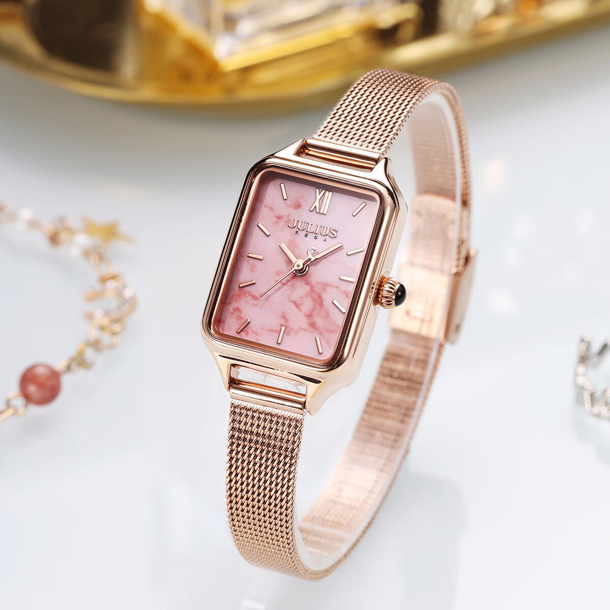 Julius Women's Watch, Simple And Elegant Dial, Fashionable Instagram Style, Waterproof Student Ladies' Watch with Rose Strap, Pink Dial JA-1267A