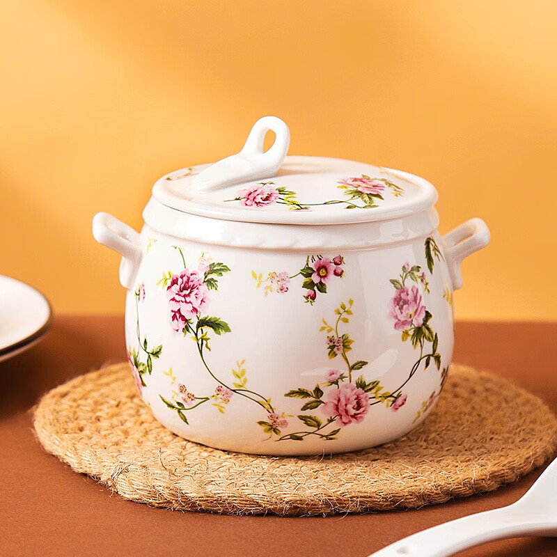 Youlaifu Ceramic Stew Pot with Lid, Double Boiler for Steaming Eggs And Soup, Home Use Steamer Pot, Single Lid Rattan Flower Stew Pot 450ml