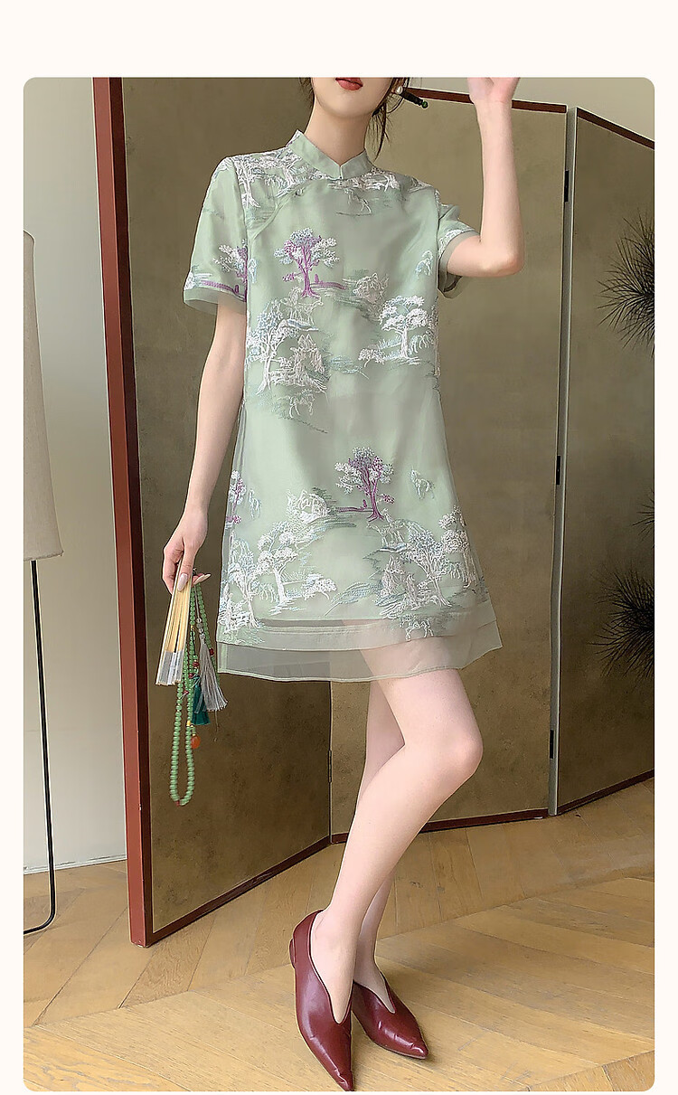Dme [Banshixi Mingyue] Summer Chinese-Style New Light-Weight Faux Tencel Embroidered Comfortable Concealing Semi-High Collar Dress 2