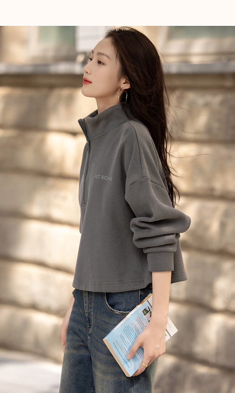 Dme [Smart Relaxation] Winter Minimalist Cloud Texture Cotton Letter Silicone Print Fashionable Stand Collar Zipper Sweatshirt for Women 12